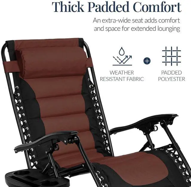 Alt view image 5 of 7 - Oversized Padded Zero Gravity Chair, Folding Outdoor Patio Recliner, XL Anti Gravity Lounger for Backyard w/Headrest, Cup Holder, Side Tray, Polyester Mesh - Brown