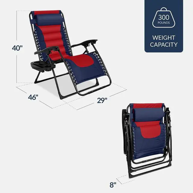 Alt view image 2 of 7 - Oversized Padded Zero Gravity Chair, Folding Outdoor Patio Recliner, XL Anti Gravity Lounger for Backyard w/Headrest, Cup Holder, Side Tray, Polyester Mesh - Navy/Red