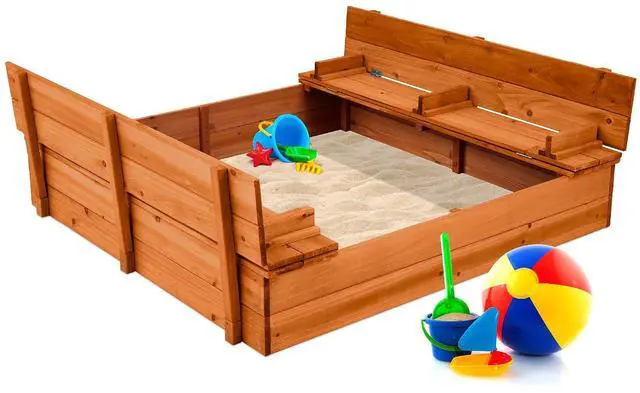 Main image of Best Choice Products Large Outdoor Wooden Sand Box for Kids, Sandbox with Cover, Bench Seats Support up to 220 lbs, Bottom Liner for Drainage, Cedar Wood - Brown