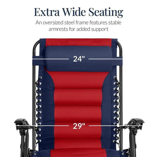 Alt view image 3 of 7 - Oversized Padded Zero Gravity Chair, Folding Outdoor Patio Recliner, XL Anti Gravity Lounger for Backyard w/Headrest, Cup Holder, Side Tray, Polyester Mesh - Navy/Red