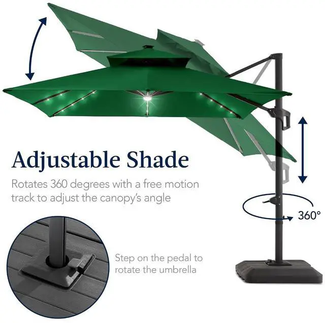 Alt view image 5 of 7 - 12x12ft LED Cantilever Patio Umbrella w/Base Included & 360° Rotation, Large Solar Offset Hanging Outdoor Sun Shade for Deck, Backyard Table w/Stand & Lights Green