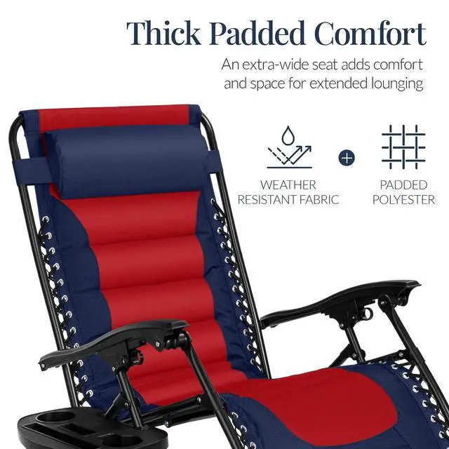 Alt view image 4 of 7 - Oversized Padded Zero Gravity Chair, Folding Outdoor Patio Recliner, XL Anti Gravity Lounger for Backyard w/Headrest, Cup Holder, Side Tray, Polyester Mesh - Navy/Red