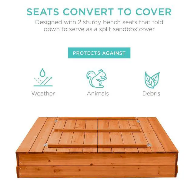 Alt view image 3 of 7 - Best Choice Products Large Outdoor Wooden Sand Box for Kids, Sandbox with Cover, Bench Seats Support up to 220 lbs, Bottom Liner for Drainage, Cedar Wood - Brown