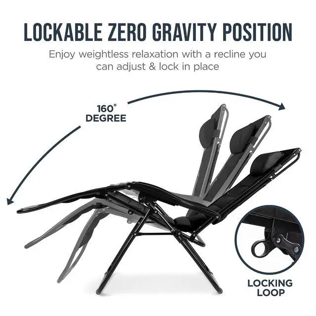 Alt view image 7 of 7 - Oversized Padded Zero Gravity Chair w/Canopy Headrest Cup Holder Side Tray, Folding Outdoor Patio Recliner Lounger - Black