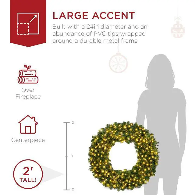 Alt view image 4 of 7 - 24in Large Artificial Pre-Lit Fir Christmas Wreath Holiday Accent Decoration w/ 50 LED Lights, 100 PVC Tips