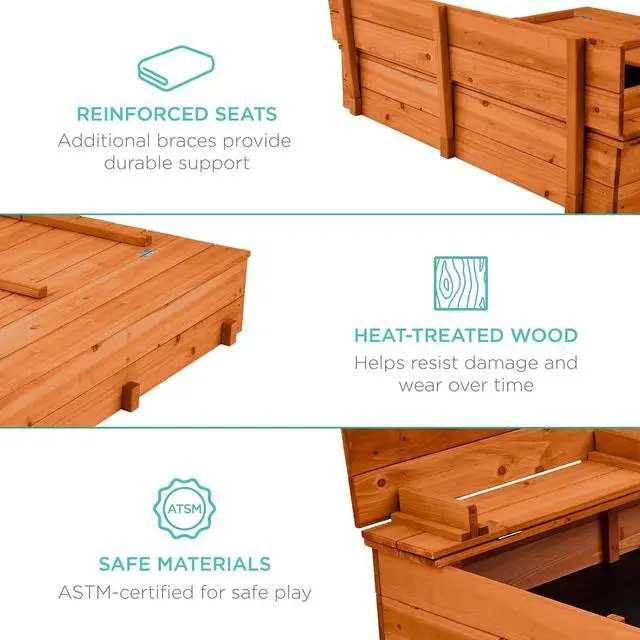 Alt view image 4 of 7 - Best Choice Products Large Outdoor Wooden Sand Box for Kids, Sandbox with Cover, Bench Seats Support up to 220 lbs, Bottom Liner for Drainage, Cedar Wood - Brown