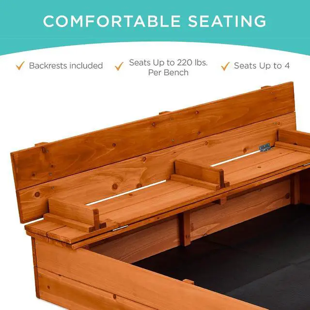 Alt view image 2 of 7 - Best Choice Products Large Outdoor Wooden Sand Box for Kids, Sandbox with Cover, Bench Seats Support up to 220 lbs, Bottom Liner for Drainage, Cedar Wood - Brown