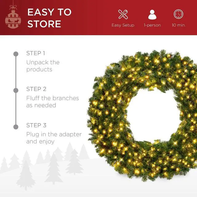 Alt view image 6 of 7 - 24in Large Artificial Pre-Lit Fir Christmas Wreath Holiday Accent Decoration w/ 50 LED Lights, 100 PVC Tips