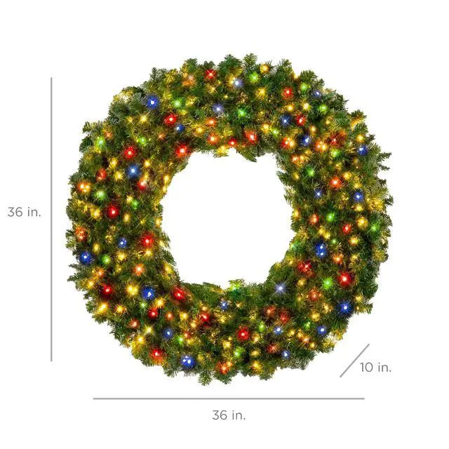Alt view image 2 of 7 - 36in Large Artificial Pre-Lit Fir Christmas Wreath Holiday Accent Decoration w/ 150 Multicolor Lights, 300 PVC Tips