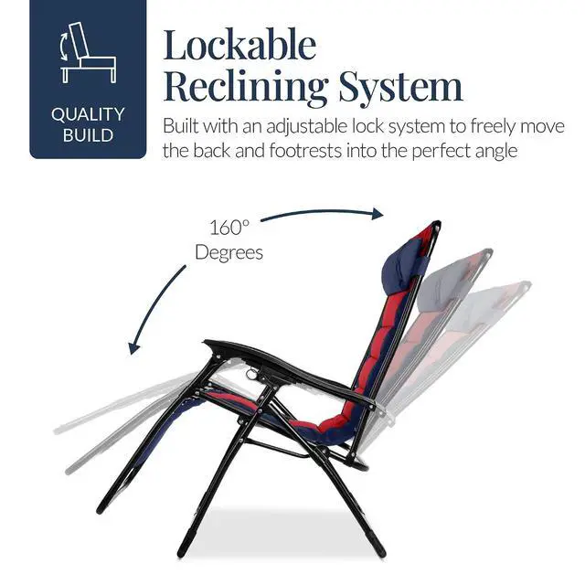 Alt view image 7 of 7 - Oversized Padded Zero Gravity Chair, Folding Outdoor Patio Recliner, XL Anti Gravity Lounger for Backyard w/Headrest, Cup Holder, Side Tray, Polyester Mesh - Navy/Red