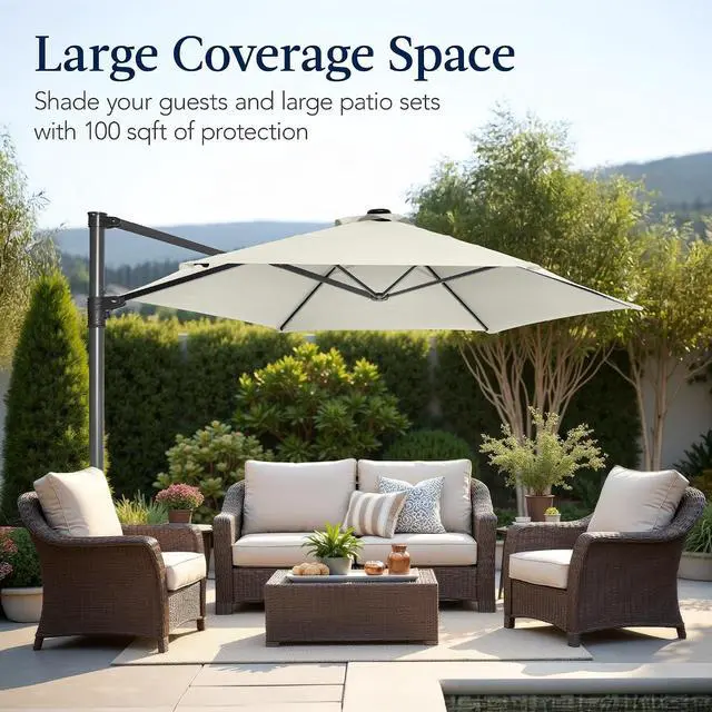 Alt view image 4 of 7 - 10ft Offset Cantilever Hanging Market Patio Umbrella, Smooth 360° Rotation, 8 Sturdy Ribs, Easy Adjustment - Ivory