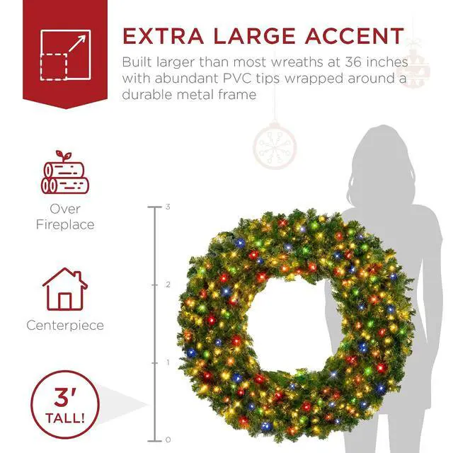 Alt view image 4 of 7 - 36in Large Artificial Pre-Lit Fir Christmas Wreath Holiday Accent Decoration w/ 150 Multicolor Lights, 300 PVC Tips