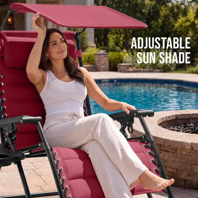 Alt view image 4 of 7 - Oversized Padded Zero Gravity Chair w/Canopy Headrest Cup Holder Side Tray, Folding Outdoor Patio Recliner Lounger - Burgundy