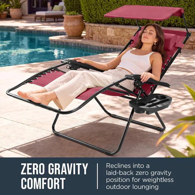 Alt view image 3 of 7 - Oversized Padded Zero Gravity Chair w/Canopy Headrest Cup Holder Side Tray, Folding Outdoor Patio Recliner Lounger - Burgundy