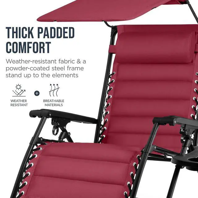 Alt view image 6 of 7 - Oversized Padded Zero Gravity Chair w/Canopy Headrest Cup Holder Side Tray, Folding Outdoor Patio Recliner Lounger - Burgundy