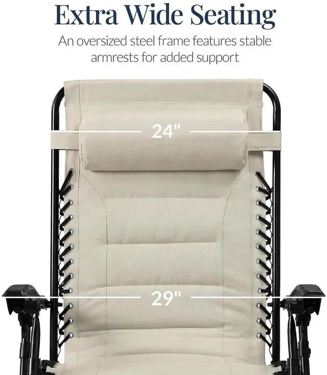 Alt view image 3 of 7 - Oversized Padded Zero Gravity Chair, Folding Outdoor Patio Recliner, XL Anti Gravity Lounger for Backyard w/Headrest, Cup Holder, Side Tray, Polyester Mesh - Ivory