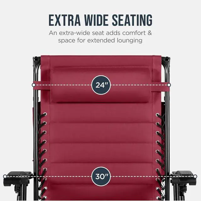 Alt view image 5 of 7 - Oversized Padded Zero Gravity Chair w/Canopy Headrest Cup Holder Side Tray, Folding Outdoor Patio Recliner Lounger - Burgundy