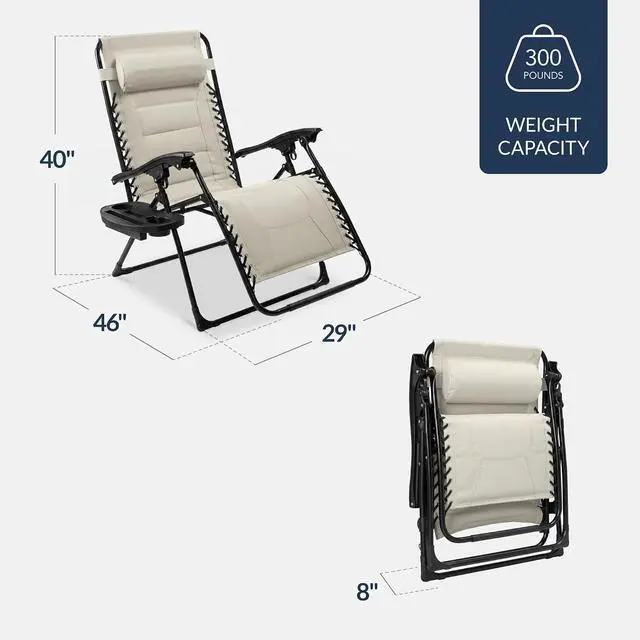 Alt view image 2 of 7 - Oversized Padded Zero Gravity Chair, Folding Outdoor Patio Recliner, XL Anti Gravity Lounger for Backyard w/Headrest, Cup Holder, Side Tray, Polyester Mesh - Ivory