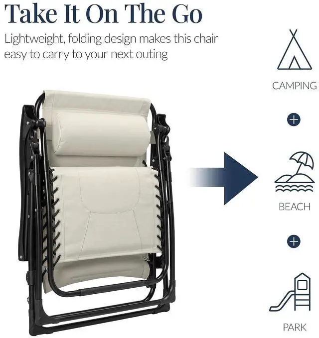 Alt view image 5 of 7 - Oversized Padded Zero Gravity Chair, Folding Outdoor Patio Recliner, XL Anti Gravity Lounger for Backyard w/Headrest, Cup Holder, Side Tray, Polyester Mesh - Ivory