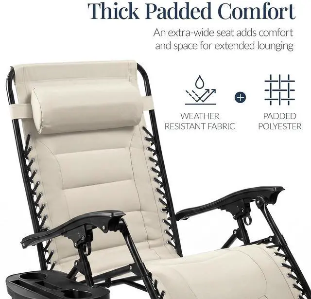 Alt view image 4 of 7 - Oversized Padded Zero Gravity Chair, Folding Outdoor Patio Recliner, XL Anti Gravity Lounger for Backyard w/Headrest, Cup Holder, Side Tray, Polyester Mesh - Ivory