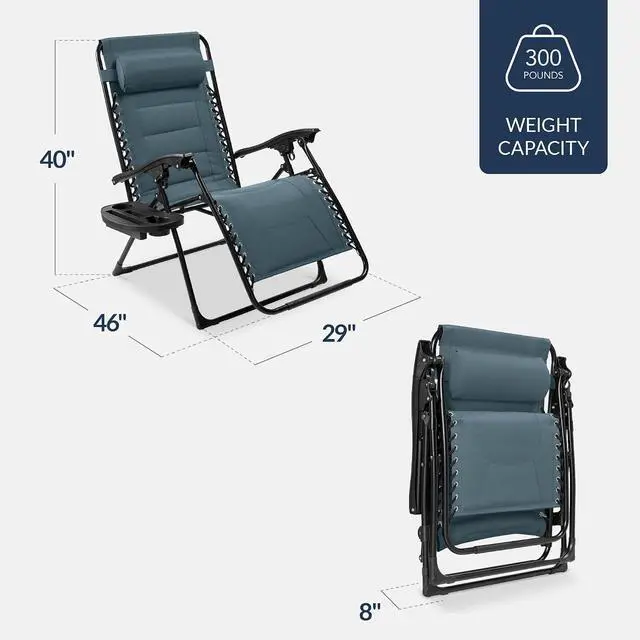 Alt view image 2 of 7 - Oversized Padded Zero Gravity Chair, Folding Outdoor Patio Recliner, XL Anti Gravity Lounger for Backyard w/Headrest, Cup Holder, Side Tray, Polyester Mesh - Slate Blue