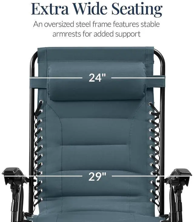 Alt view image 3 of 7 - Oversized Padded Zero Gravity Chair, Folding Outdoor Patio Recliner, XL Anti Gravity Lounger for Backyard w/Headrest, Cup Holder, Side Tray, Polyester Mesh - Slate Blue