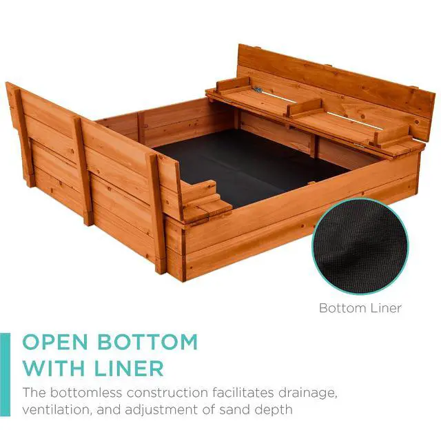 Alt view image 5 of 7 - Best Choice Products Large Outdoor Wooden Sand Box for Kids, Sandbox with Cover, Bench Seats Support up to 220 lbs, Bottom Liner for Drainage, Cedar Wood - Brown