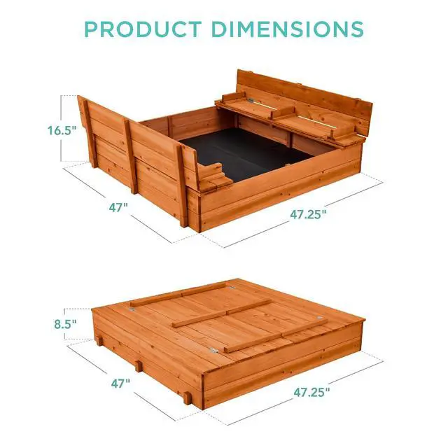 Alt view image 7 of 7 - Best Choice Products Large Outdoor Wooden Sand Box for Kids, Sandbox with Cover, Bench Seats Support up to 220 lbs, Bottom Liner for Drainage, Cedar Wood - Brown