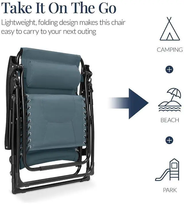 Alt view image 5 of 7 - Oversized Padded Zero Gravity Chair, Folding Outdoor Patio Recliner, XL Anti Gravity Lounger for Backyard w/Headrest, Cup Holder, Side Tray, Polyester Mesh - Slate Blue