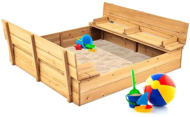 Main image of Best Choice Products Large Outdoor Wooden Sand Box for Kids, Sandbox with Cover, Bench Seats Support up to 220 lbs, Bottom Liner for Drainage, Cedar Wood - Natural