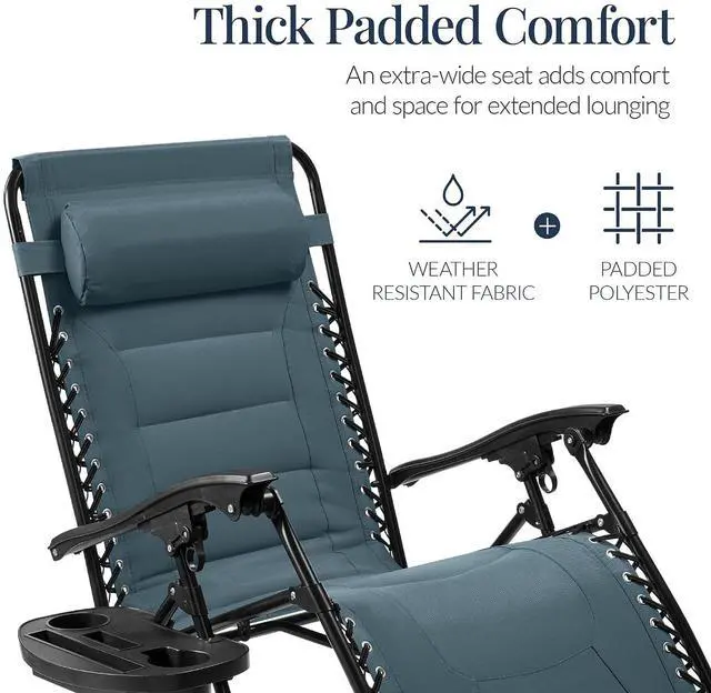 Alt view image 4 of 7 - Oversized Padded Zero Gravity Chair, Folding Outdoor Patio Recliner, XL Anti Gravity Lounger for Backyard w/Headrest, Cup Holder, Side Tray, Polyester Mesh - Slate Blue