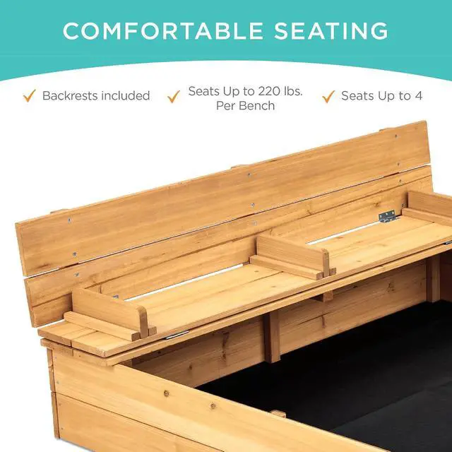 Alt view image 2 of 7 - Best Choice Products Large Outdoor Wooden Sand Box for Kids, Sandbox with Cover, Bench Seats Support up to 220 lbs, Bottom Liner for Drainage, Cedar Wood - Natural