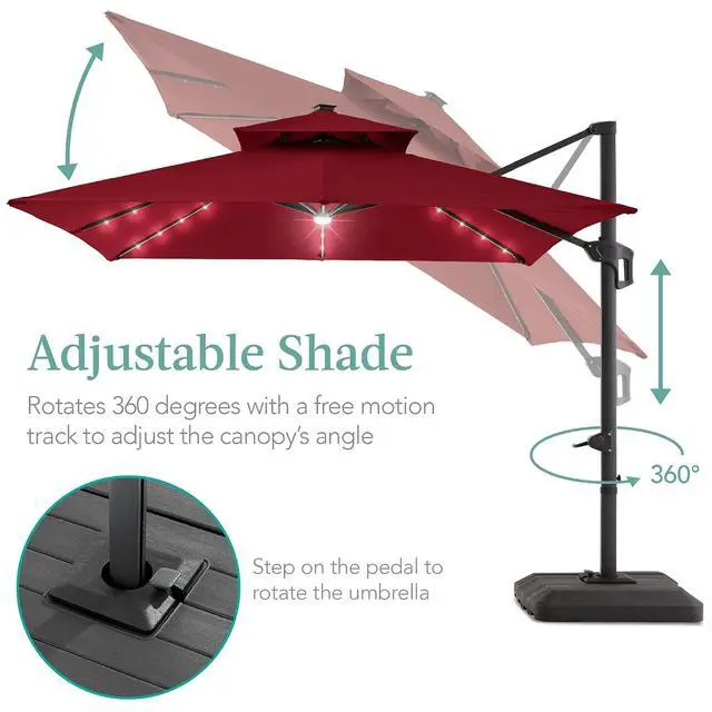 Alt view image 4 of 7 - 10x10ft Cantilever Patio Umbrella w/Base Included, Solar LED Lights 360 Rotation Large Offset Hanging Outdoor Shade for Deck Pool Backyard w/Stand Burgundy