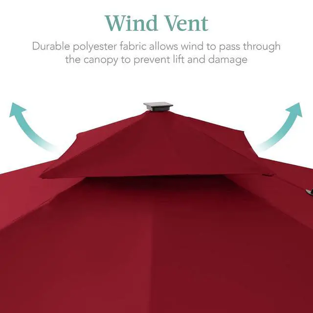 Alt view image 6 of 7 - 10x10ft Cantilever Patio Umbrella w/Base Included, Solar LED Lights 360 Rotation Large Offset Hanging Outdoor Shade for Deck Pool Backyard w/Stand Burgundy