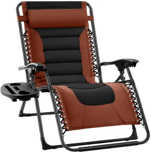Main image of Oversized Padded Zero Gravity Chair, Folding Outdoor Patio Recliner, XL Anti Gravity Lounger for Backyard w/Headrest, Cup Holder, Side Tray, Polyester Mesh - Rust/Black