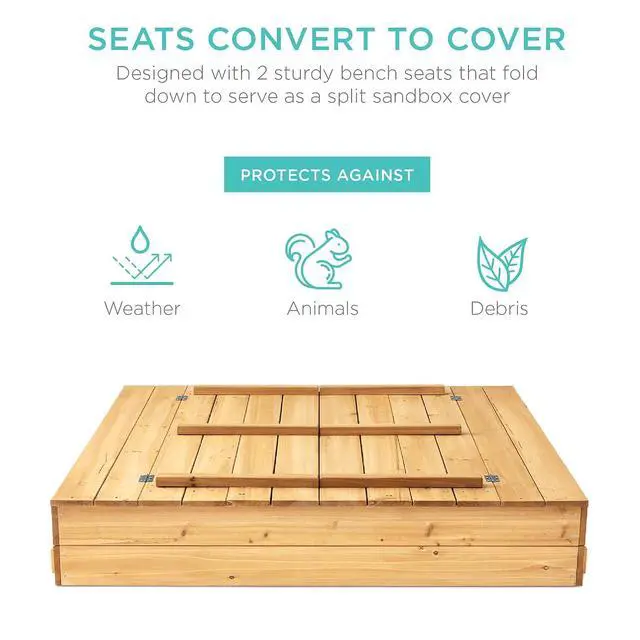 Alt view image 3 of 7 - Best Choice Products Large Outdoor Wooden Sand Box for Kids, Sandbox with Cover, Bench Seats Support up to 220 lbs, Bottom Liner for Drainage, Cedar Wood - Natural