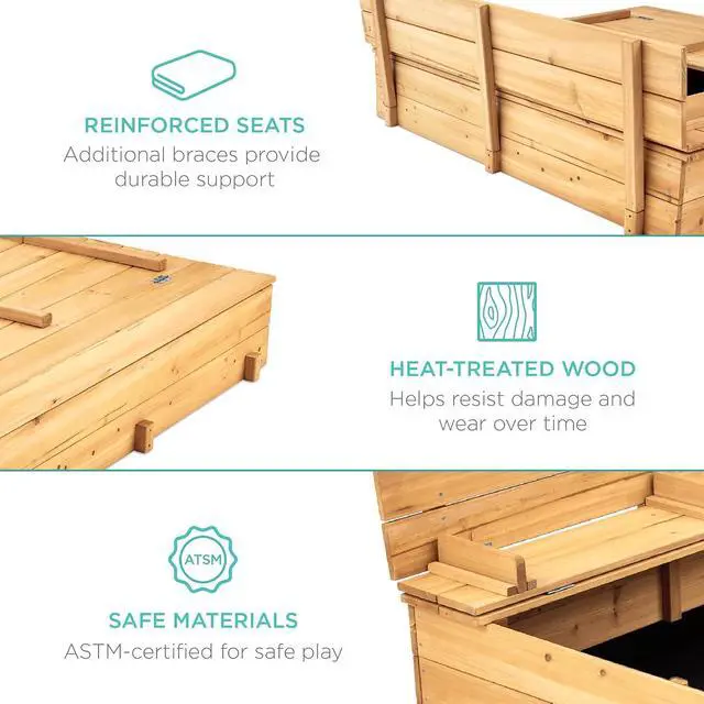 Alt view image 4 of 7 - Best Choice Products Large Outdoor Wooden Sand Box for Kids, Sandbox with Cover, Bench Seats Support up to 220 lbs, Bottom Liner for Drainage, Cedar Wood - Natural