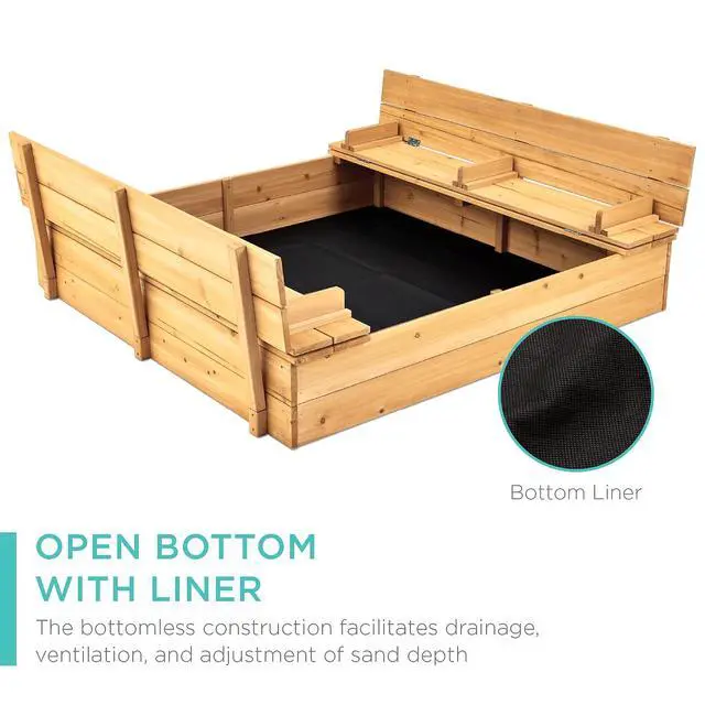 Alt view image 5 of 7 - Best Choice Products Large Outdoor Wooden Sand Box for Kids, Sandbox with Cover, Bench Seats Support up to 220 lbs, Bottom Liner for Drainage, Cedar Wood - Natural