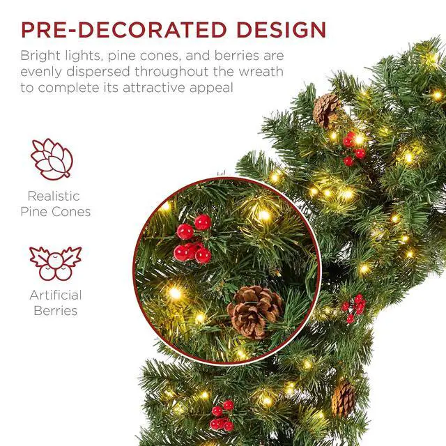 Alt view image 2 of 7 - 48in Pre-Lit Christmas Wreath w/Berries & Pinecones, Large Artificial Indoor/Outdoor Decor for Door, Mantel, Plug-in
