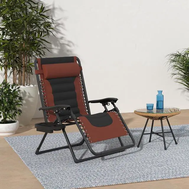 Alt view image 2 of 7 - Oversized Padded Zero Gravity Chair, Folding Outdoor Patio Recliner, XL Anti Gravity Lounger for Backyard w/Headrest, Cup Holder, Side Tray, Polyester Mesh - Rust/Black