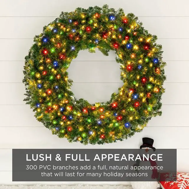 Alt view image 7 of 7 - 36in Large Artificial Pre-Lit Fir Christmas Wreath Holiday Accent Decoration w/ 150 Multicolor Lights, 300 PVC Tips