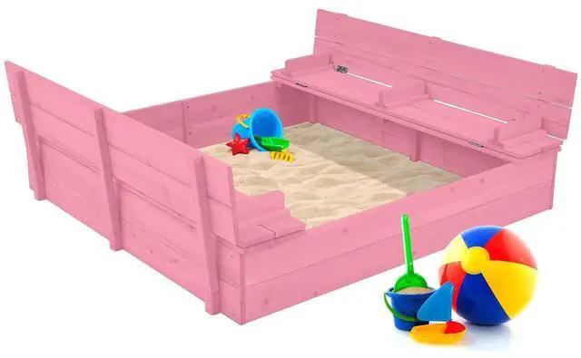 Main image of Best Choice Products Large Outdoor Wooden Sand Box for Kids, Sandbox with Cover, Bench Seats Support up to 220 lbs, Bottom Liner for Drainage, Cedar Wood - Pink