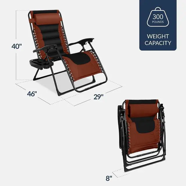 Alt view image 3 of 7 - Oversized Padded Zero Gravity Chair, Folding Outdoor Patio Recliner, XL Anti Gravity Lounger for Backyard w/Headrest, Cup Holder, Side Tray, Polyester Mesh - Rust/Black