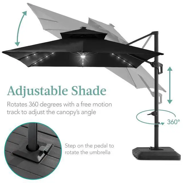 Alt view image 4 of 7 - 10x10ft Cantilever Patio Umbrella w/Base Included, Solar LED Lights 360 Rotation Large Offset Hanging Outdoor Shade for Deck Pool Backyard w/Stand Black