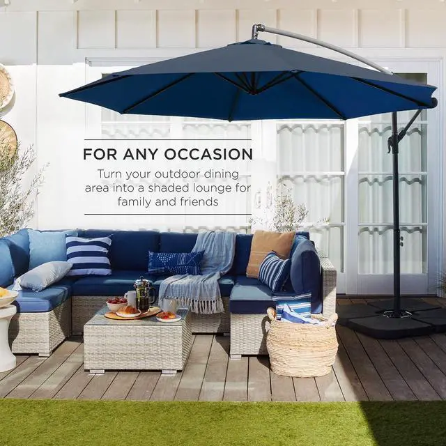 Alt view image 3 of 7 - 10ft Offset Cantilever Hanging Market Patio Umbrella, 8 Sturdy Ribs, Easy Adjustment - Navy Blue