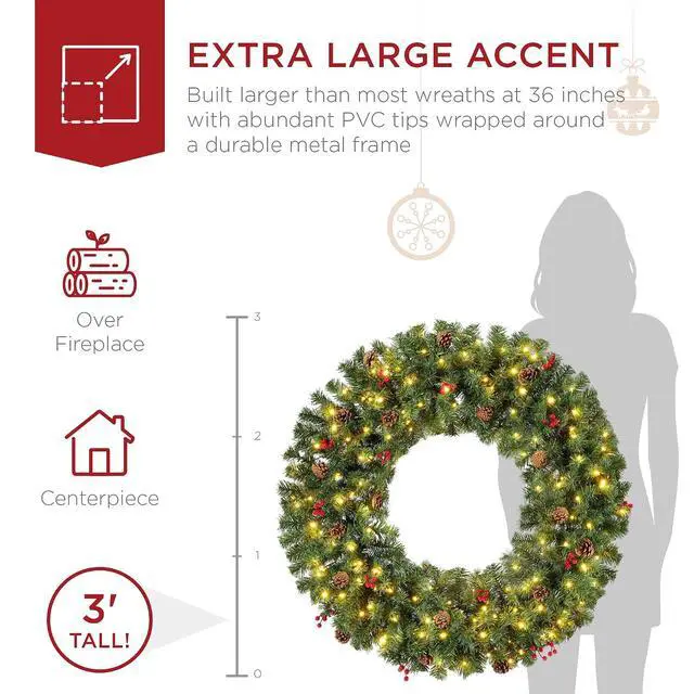 Alt view image 3 of 7 - 36in Pre-Lit Christmas Wreath w/Berries & Pinecones, Large Artificial Indoor/Outdoor Decor for Door, Mantel, Plug-in