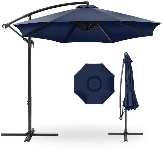Main image of 10ft Offset Cantilever Hanging Market Patio Umbrella, 8 Sturdy Ribs, Easy Adjustment - Navy Blue