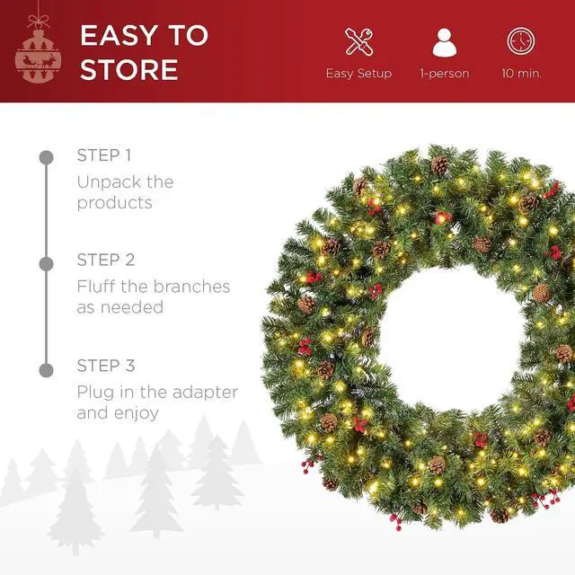 Alt view image 5 of 7 - 36in Pre-Lit Christmas Wreath w/Berries & Pinecones, Large Artificial Indoor/Outdoor Decor for Door, Mantel, Plug-in