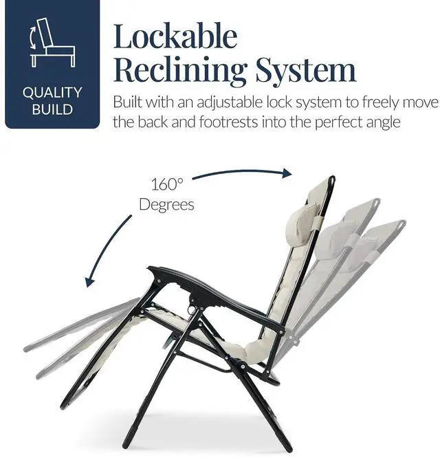 Alt view image 7 of 7 - Oversized Padded Zero Gravity Chair, Folding Outdoor Patio Recliner, XL Anti Gravity Lounger for Backyard w/Headrest, Cup Holder, Side Tray, Polyester Mesh - Ivory