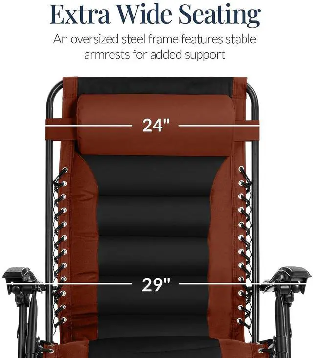 Alt view image 4 of 7 - Oversized Padded Zero Gravity Chair, Folding Outdoor Patio Recliner, XL Anti Gravity Lounger for Backyard w/Headrest, Cup Holder, Side Tray, Polyester Mesh - Rust/Black